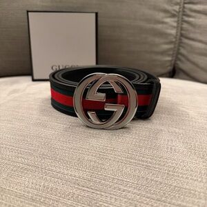 Gucci Web Green/Red Canvas Silver Interlocking G Buckle Belt 130/52